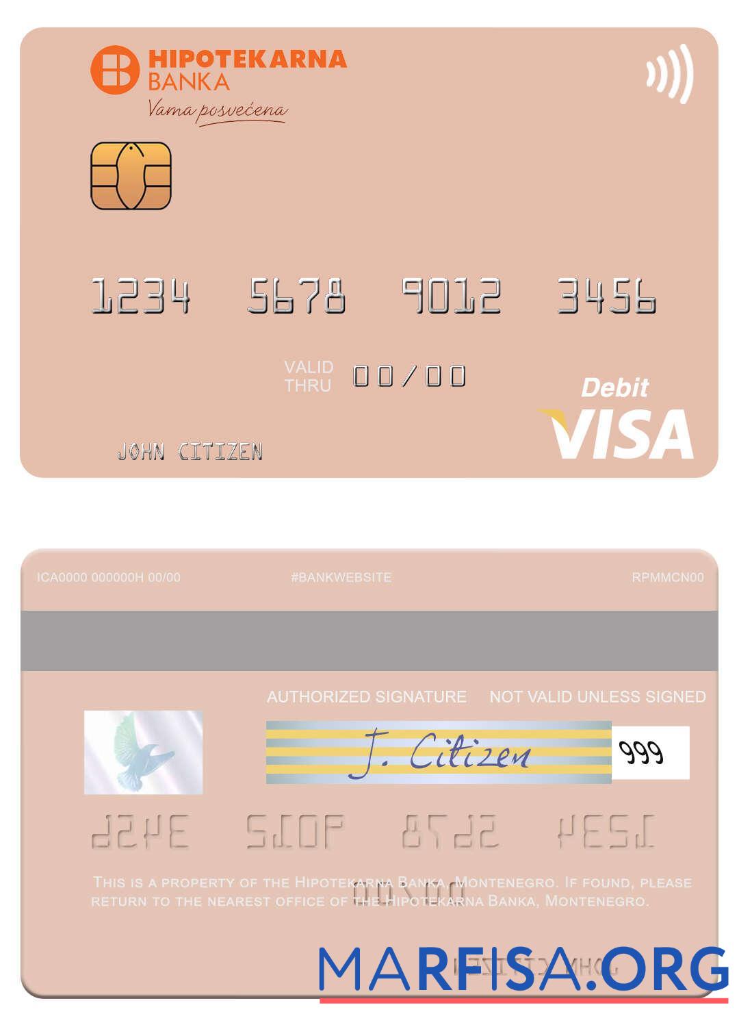 Printable Montenegro Hipotekarna Banka visa debit card download for verification